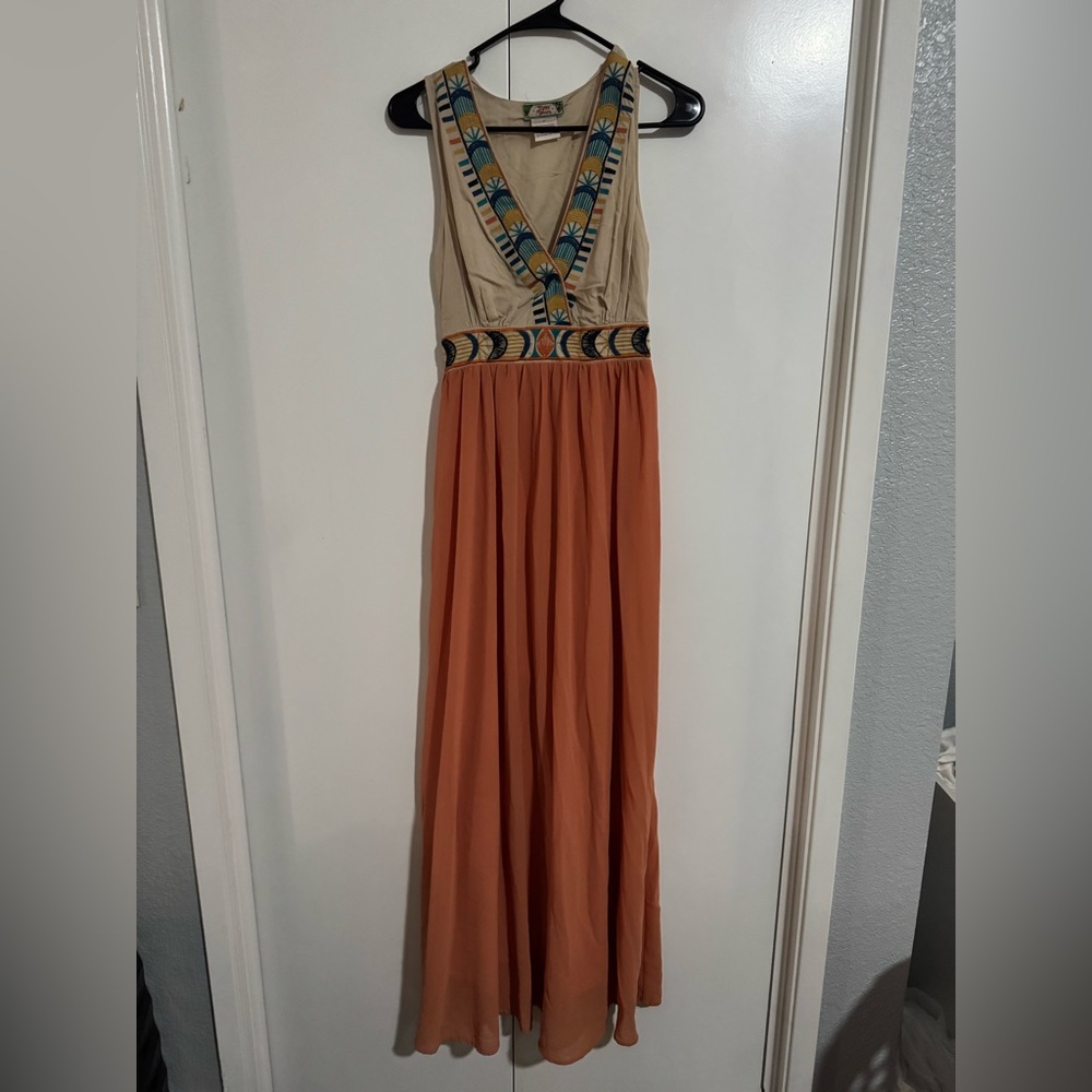 Flying Tomato Embroidered Dress with Blue and Tan Accents